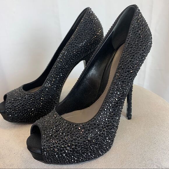 Gucci Black Satin Strass Embroidered Sofia Etoile Peep Toe Pumps Size 37.5 🔥 - Picture 4 of 11